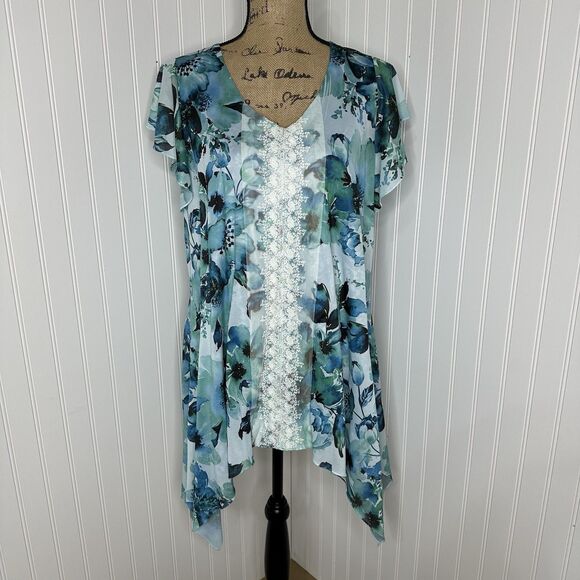 One World Floral Watercolor Top Sz XL Flutter Sleeve Shark Bite Lace Boho Fairy - Picture 11 of 11